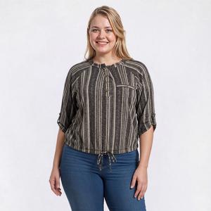 Plus Size Cure Rib Texture 3/4 Sleeve Henley Blouse